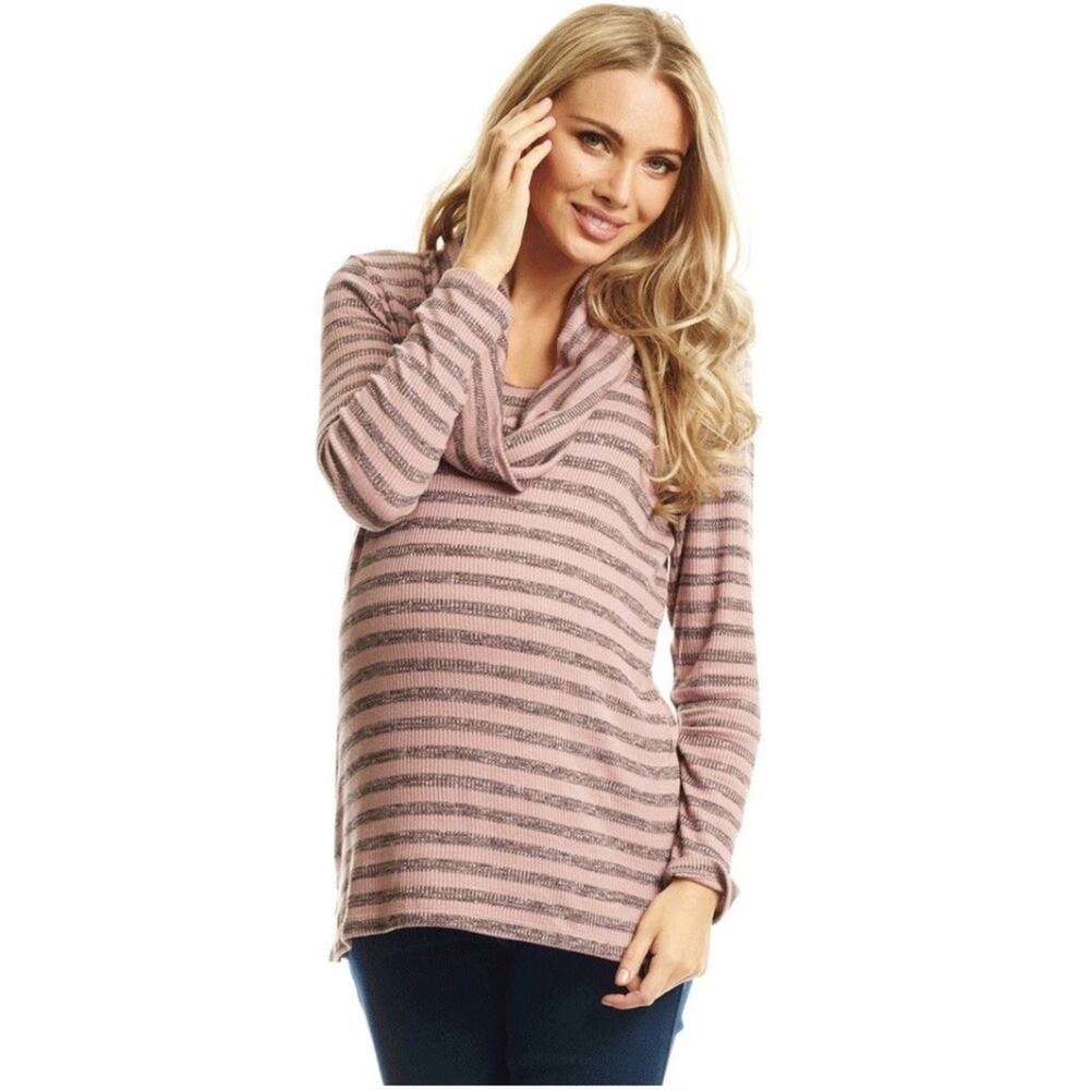 Everly Grey Maternity Sweater Pink Black Striped Cowl Neck Loose Fit Medium